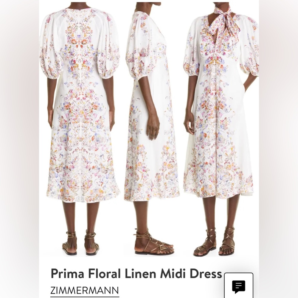 ZIMMERMANN. Prima Day belted printed linen midi dress, size 1. New with tags